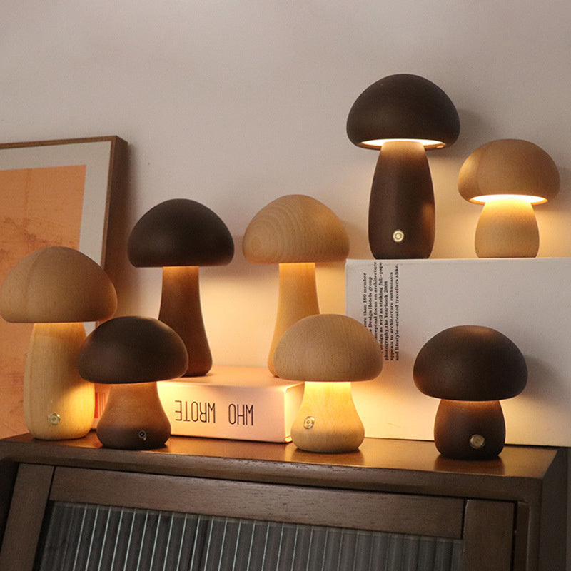 Rechargeable Touch Control Wooden Mushroom LED Table Lamp for Home