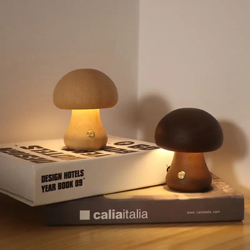 Rechargeable Touch Control Wooden Mushroom LED Table Lamp for Home
